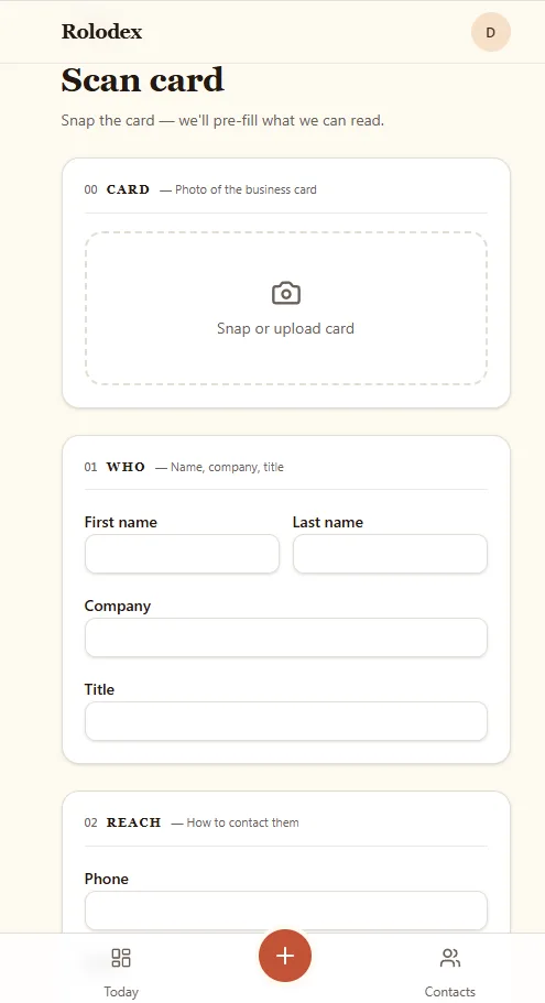 Screenshot of the Business card scan app
